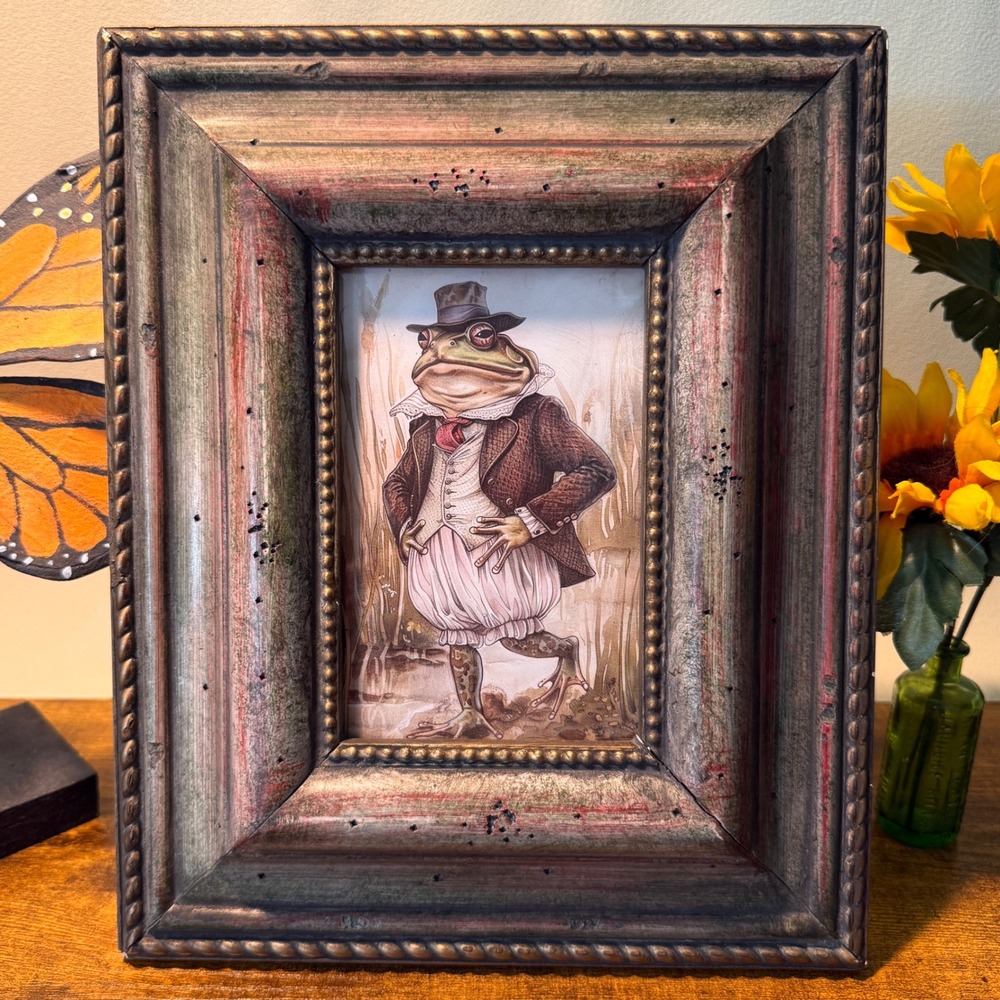 Dapper Frog Victorian Style Framed Art Print Distressed Ornate Wood Frame Whimsy
